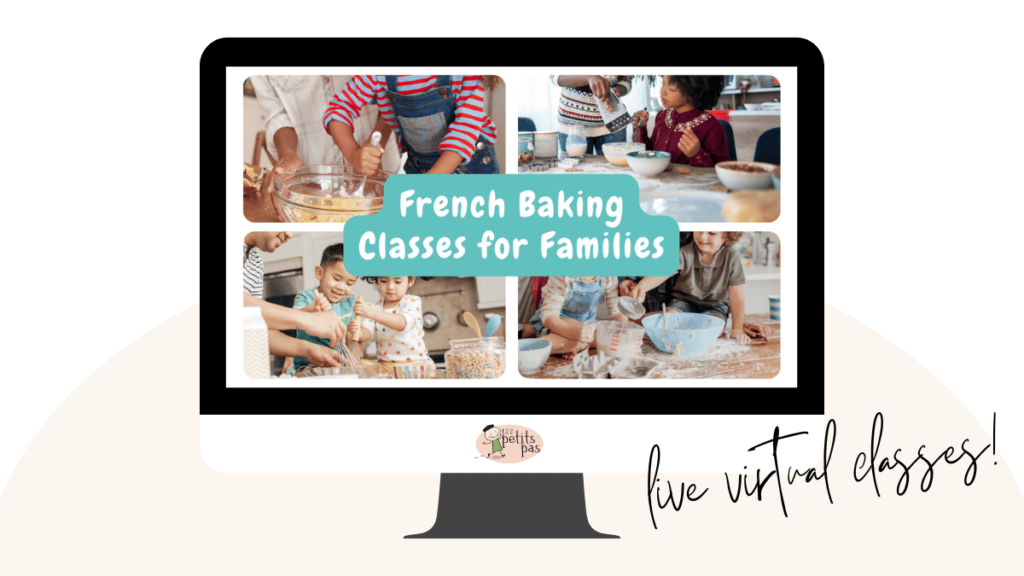 A computer monitor displays Four images of parents and children baking together while completing a virtual French baking class. The words "Live virtual classes" are displayed to the bottom right of the monitor.