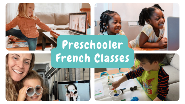 Preschoolers smiling and interacting with a virtual French teacher