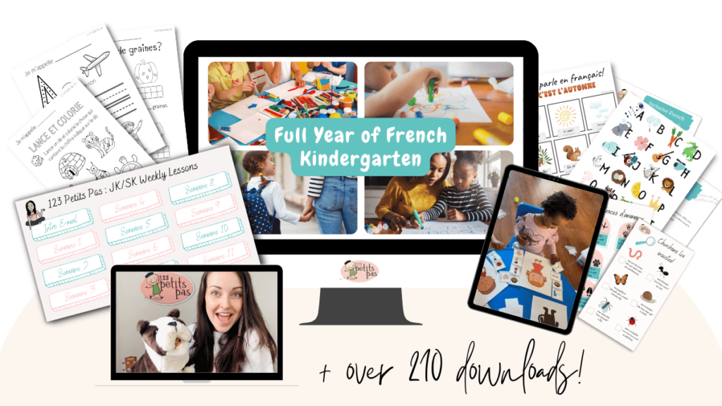 A mock up displays 3 screens with parents and children completing fun French activities together. Around the screens are downloadable French worksheets and fun activities. The words "over 210 downloads" is written at the bottom of the image.