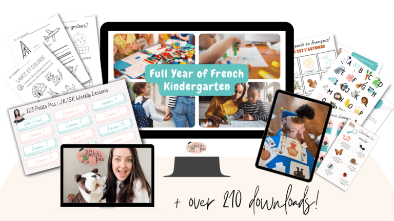 A mock up displays 3 screens with parents and children completing fun French activities together. Around the screens are downloadable French worksheets and fun activities. The words "over 210 downloads" is written at the bottom of the image.