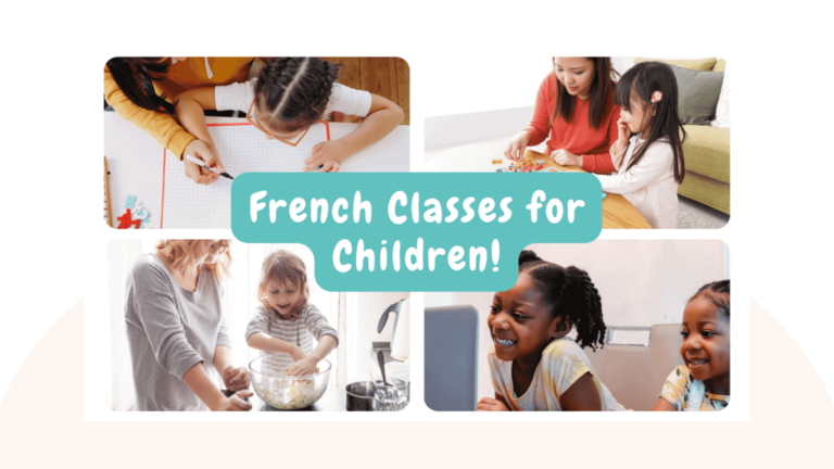 4 images of parents and children completing fun tasks together while learning French