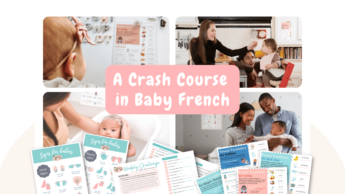 4 images of parents and babies bonding and learning French together. There are French cheat sheets placed around their homes and previews of French cheat sheets and support documents at the bottom of the image.