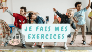Preschoolers are exercising while dancing to a French song about movement and body parts. There are words in the centre of the photo that say "Je fais mes exercices" and a logo bottom left that says "123 Petits Pas" with a stick man wearing a French beret.