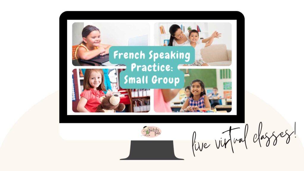 Laptop with 4 images of children practicing to speak French. Title in the centre says "French Speaking Practice: Small Group" and words bottom right that say "live virtual classes"
