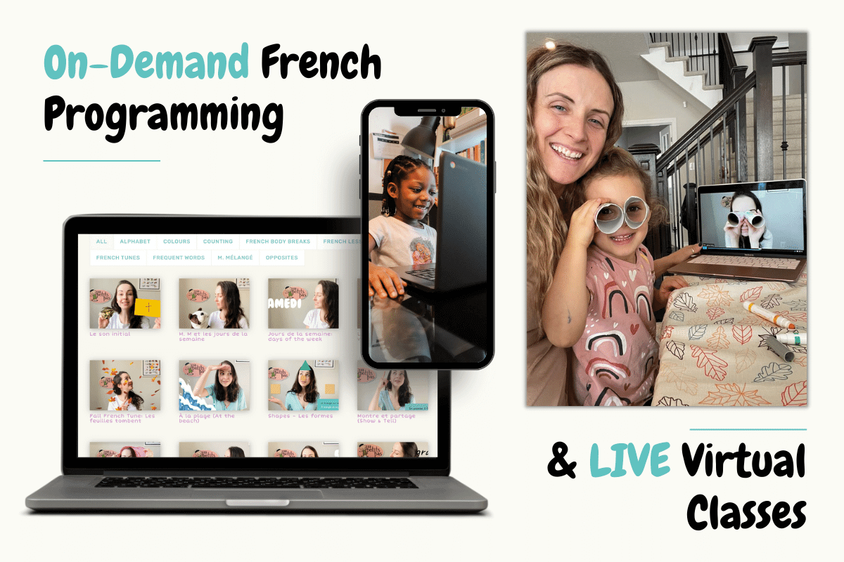 An image of a laptop with a virtual French video library displaying French educational videos for children. To the right there is an image of a child learning French through virtual French classes and another photo of a parent and child learning French through a hands-on Art class together.