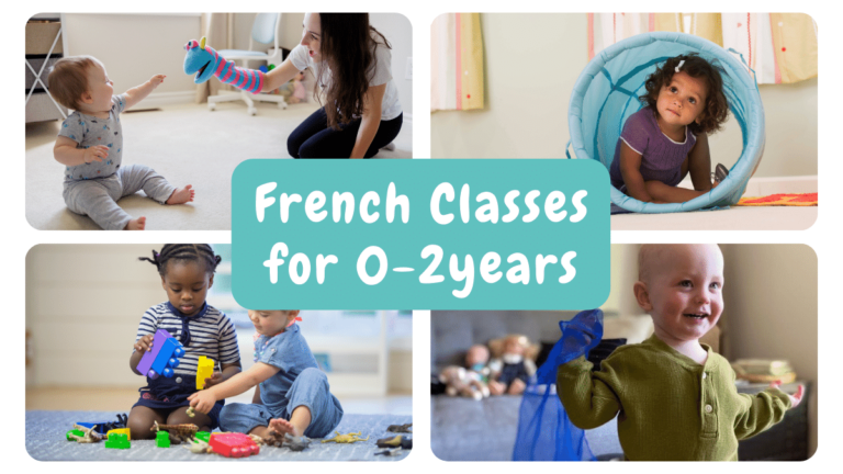 4 images of parents and toddlers learning French together through play. A title in the centre says: French Classes for 0-2years
