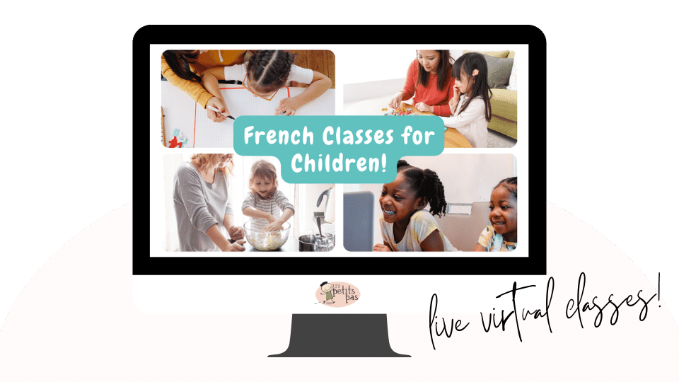 4 images of children learning French with their parents through fun activities. A title in the centre says "French Classes for Children"