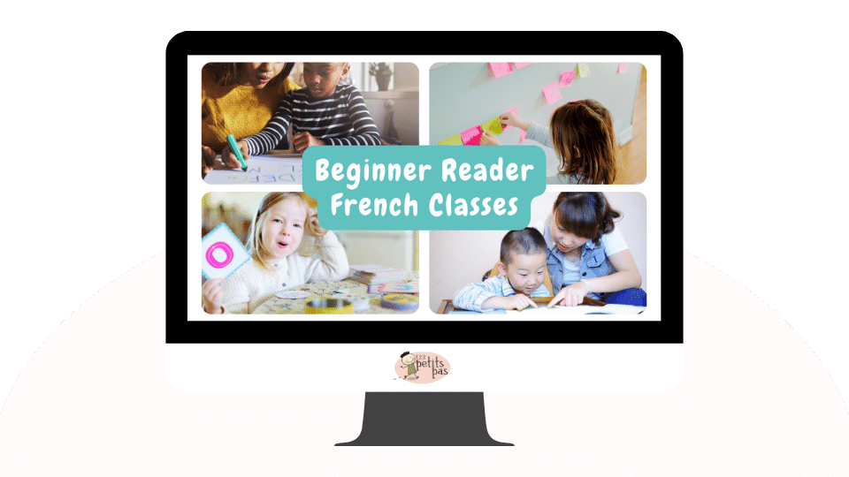 A computer monitor displays four images of parents helping their children to read and write in French. With a title in the middle: Beginner Reader French Classes.