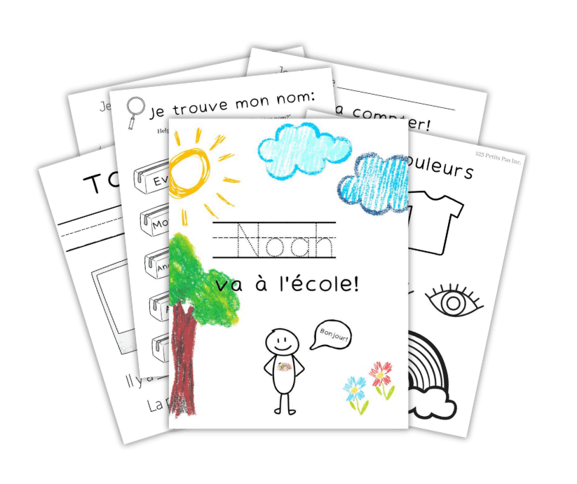 The image is a preview of a downloadable French workbook for a child going to French school in the fall.