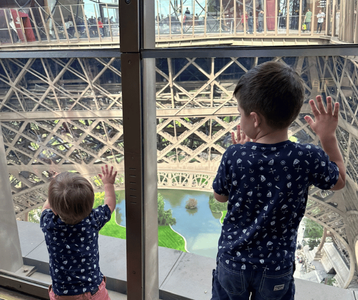 Two young children looking down from the inside fo the Eiffel Tower