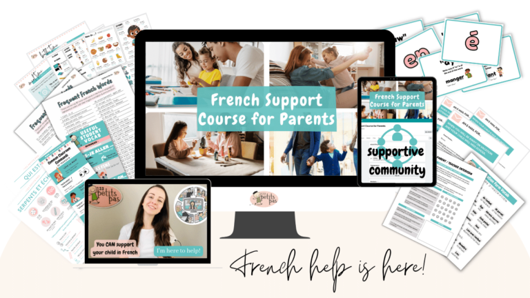 A computer screen says "French Support Course" with images of downloadable French activities surrounding the computer.