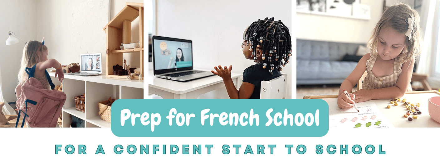 3 children are at a computer taking part in a fun virtual French class where they're supported with back to school vocabulary and activities led by Madame Amy of 123 Petits Pas