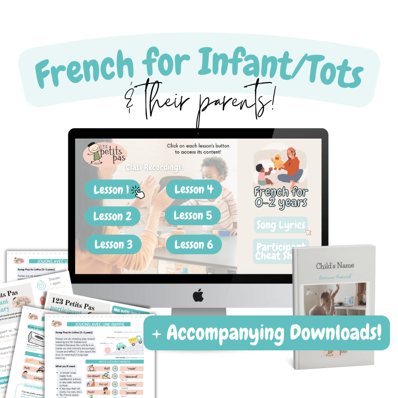 Preview of the French program for babies and toddlers (0–2 yrs), including 6 video lessons, song lyrics, cheat sheets, and a personalized French book.