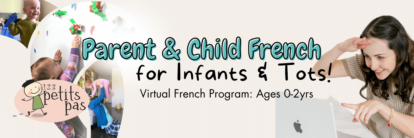 Parent and child participating in a virtual French class for babies and toddlers (ages 0–2), offered by 123 Petits Pas.