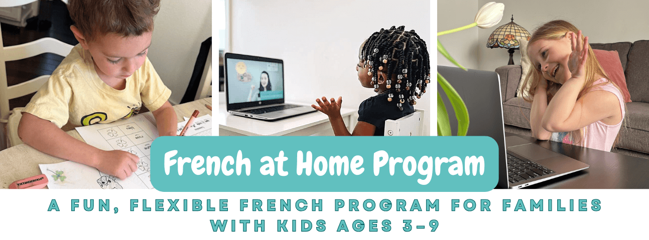 Three children learning French at home through virtual classes and printable activities
