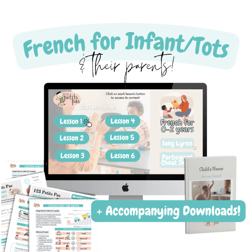 Preview of the French program for babies and toddlers (0–2 yrs), including 6 video lessons, song lyrics, cheat sheets, and a personalized French book.