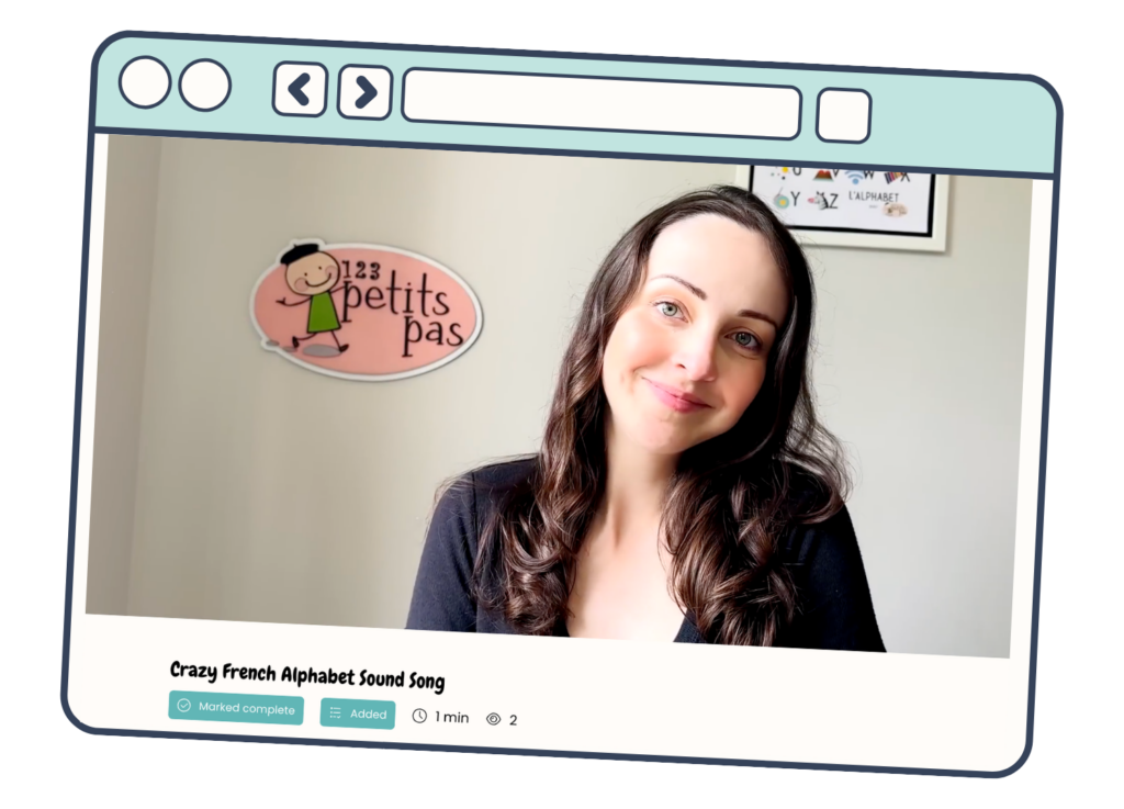 French educator teaching a French alphabet sounds lesson inside the French @ Home Membership platform by 123 Petits Pas, helping children learn French at home through engaging online activities.