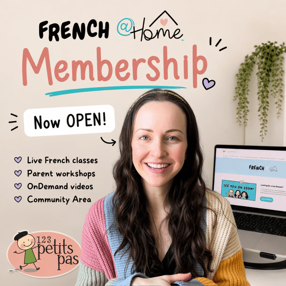 Founder of 123 Petits Pas announcing the French @ Home Membership, an online French learning community with live French classes, parent workshops, on-demand videos, and support for families with children in French Immersion and Core French programs.