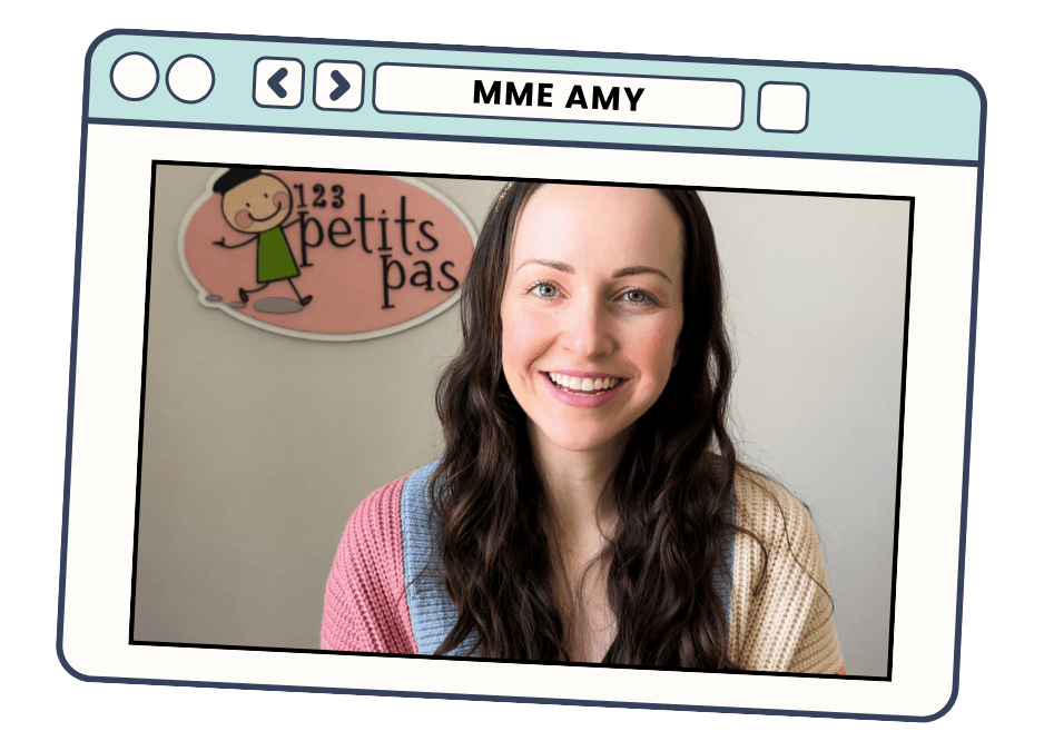 Madame Amy, founder of 123 Petits Pas, teaching French to parents and children ages 0-9 through the French @ Home Membership.
